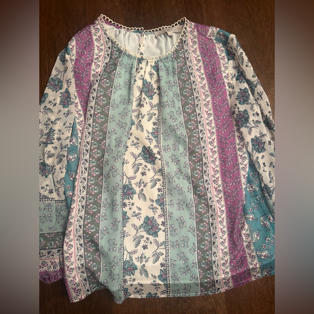 Loft purple green mixed print bohemian style print blouse - large
